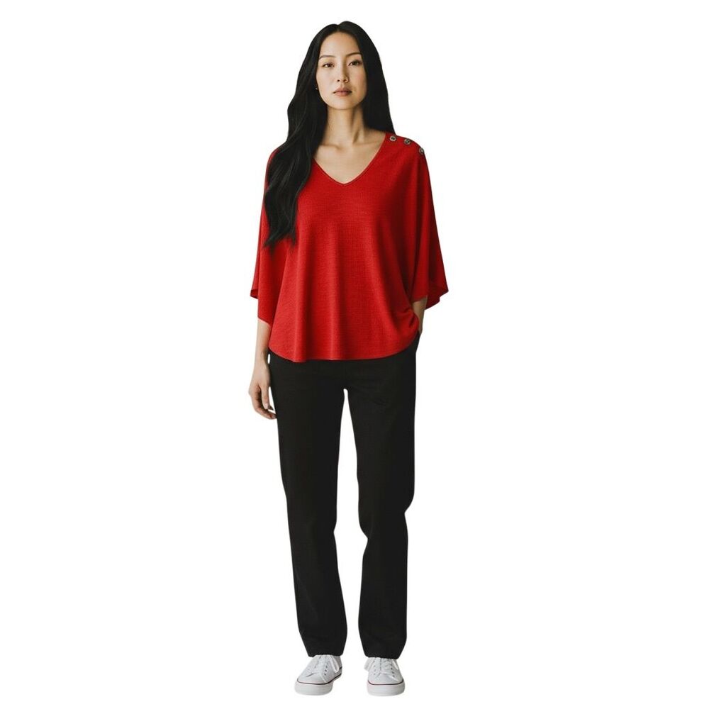 New Directions Women's M Red V-Neck Batwing Sleeve Blouse Casual Top